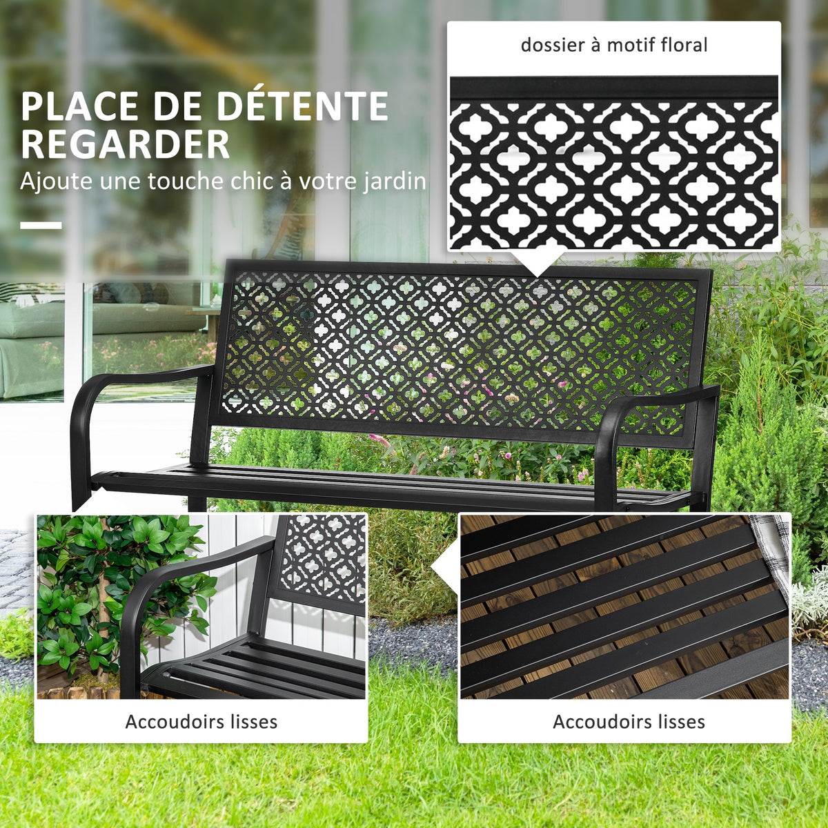 Banc de jardin banc extérieur jardin en acier avec dossier à motif floral pour 2 personnes 127 x 63 x 83 cm noir