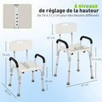 Chaise de Douche siège de Douche Ergonomique Hauteur réglable Pieds antidérapants Dossier accoudoirs Amovibles Charge Max. 136 Kg alu HDPE Blanc