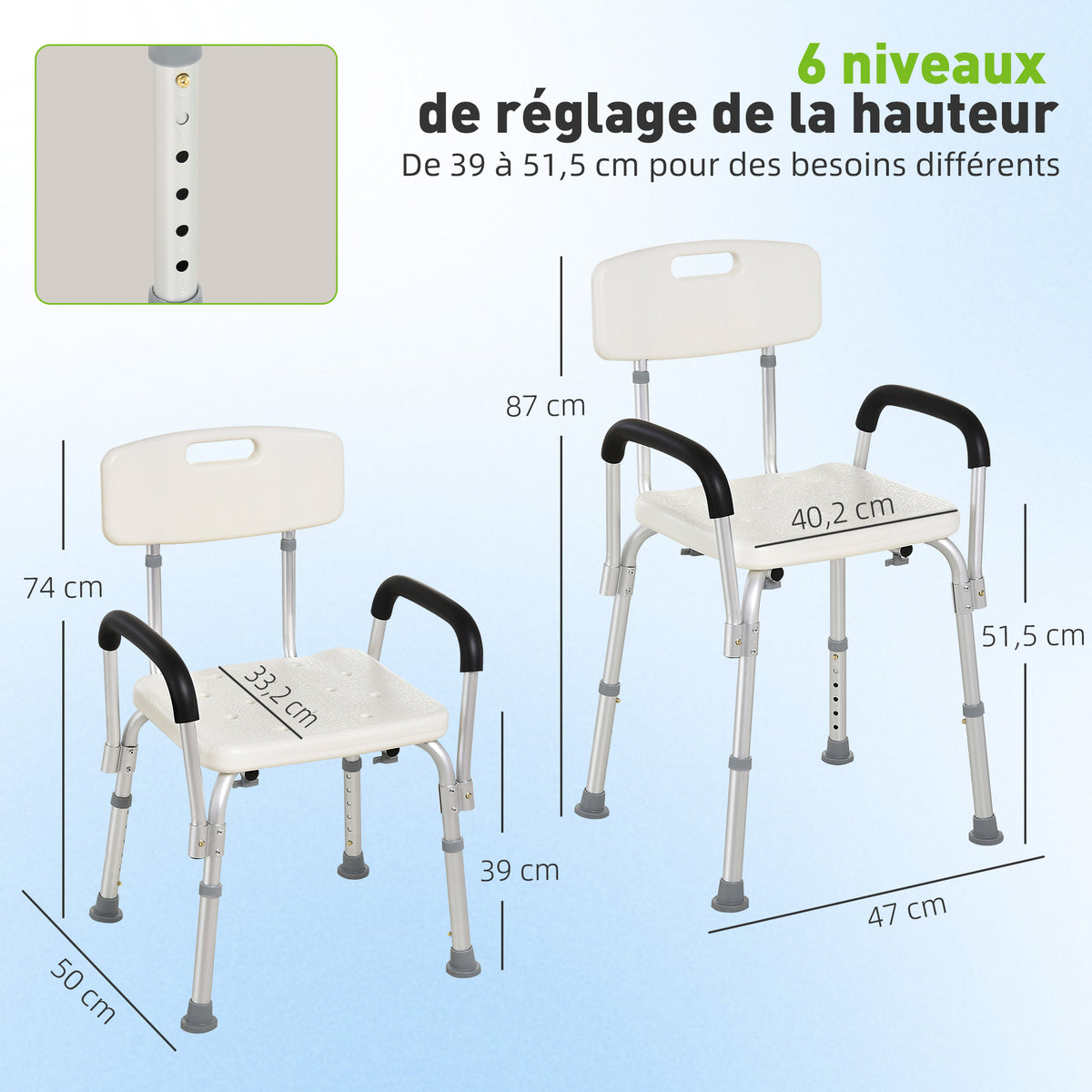Chaise de Douche siège de Douche Ergonomique Hauteur réglable Pieds antidérapants Dossier accoudoirs Amovibles Charge Max. 136 Kg alu HDPE Blanc