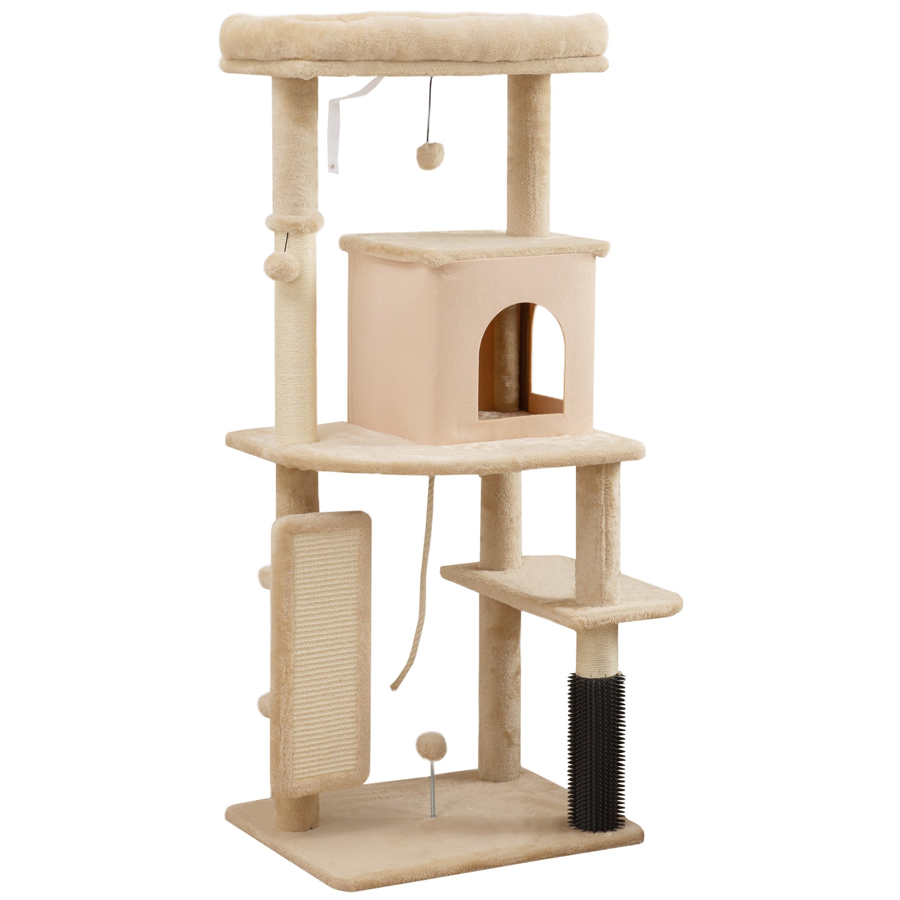 Arbre à chat, tour de jeux, hauteur de 132 cm, avec lit, maison, brosse de toilettage,  55 x 44 x 132 cm, beige