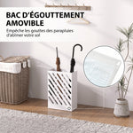 Porte-parapluie en acier rectangulaire, support pour parapluies avec 4 crochets et bac d'égouttement amovible, blanc