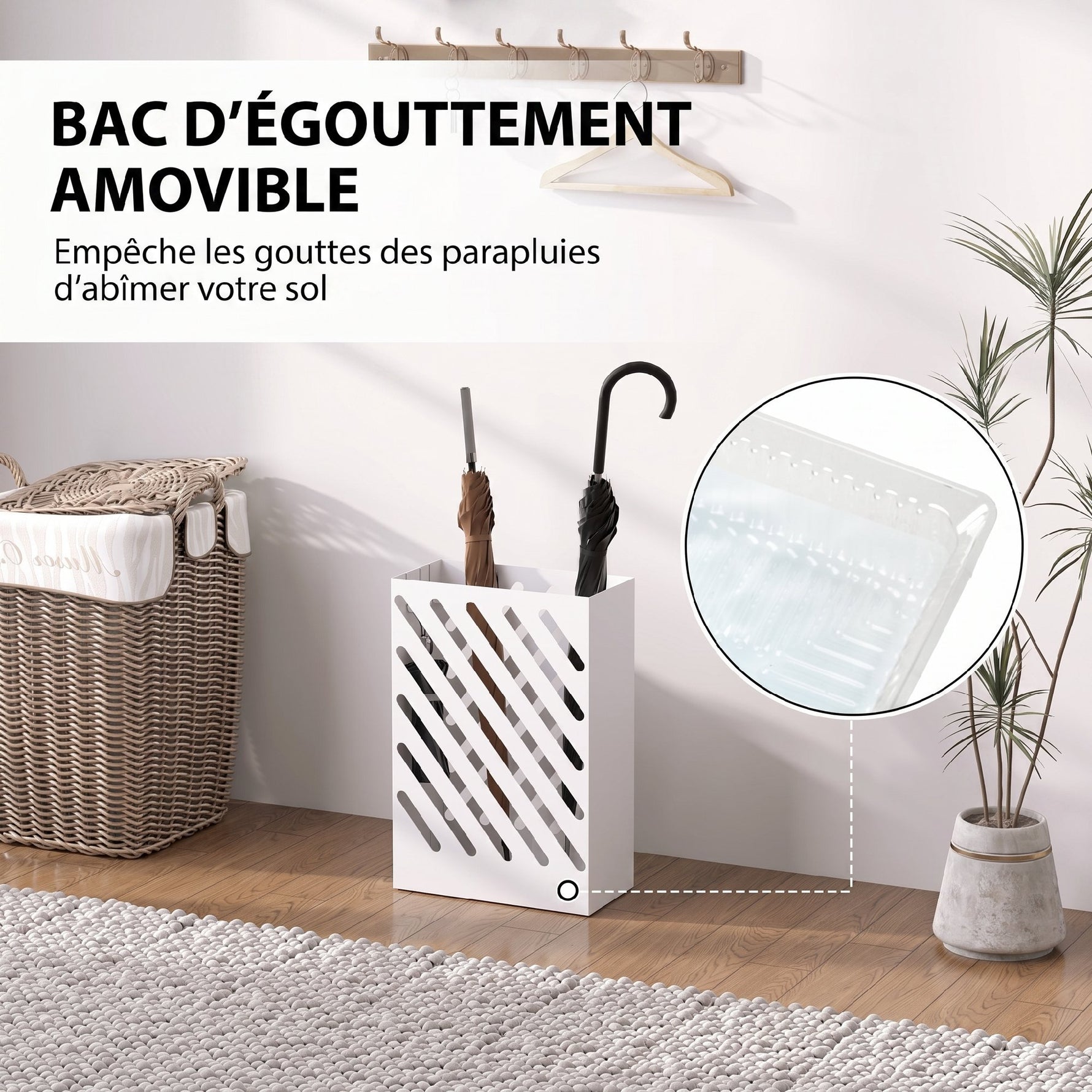 Porte-parapluie en acier rectangulaire, support pour parapluies avec 4 crochets et bac d'égouttement amovible, blanc