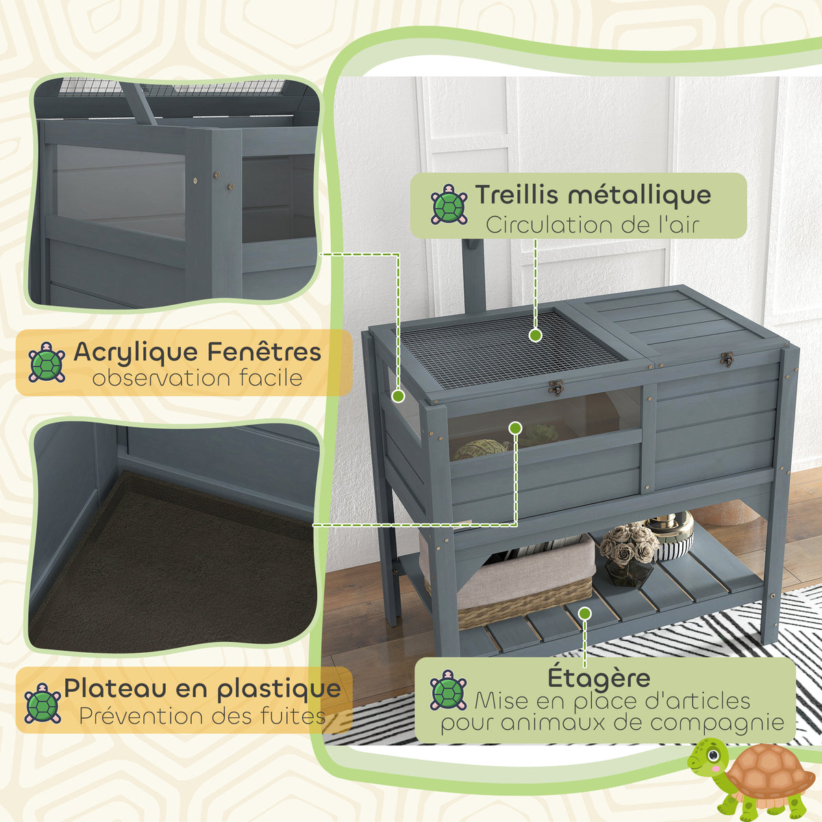 Maison enclos pour tortues sur pieds avec étagère de rangement en bois de sapin - dim. 103H x 84L x 51l cm