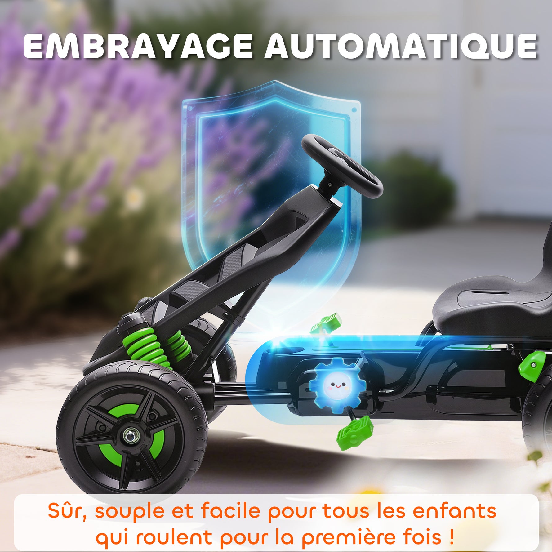 Kart à pédales pour enfants, karting enfant 3 à 6 ans avec roue libre, frein, roues EVA antidérapantes, vert