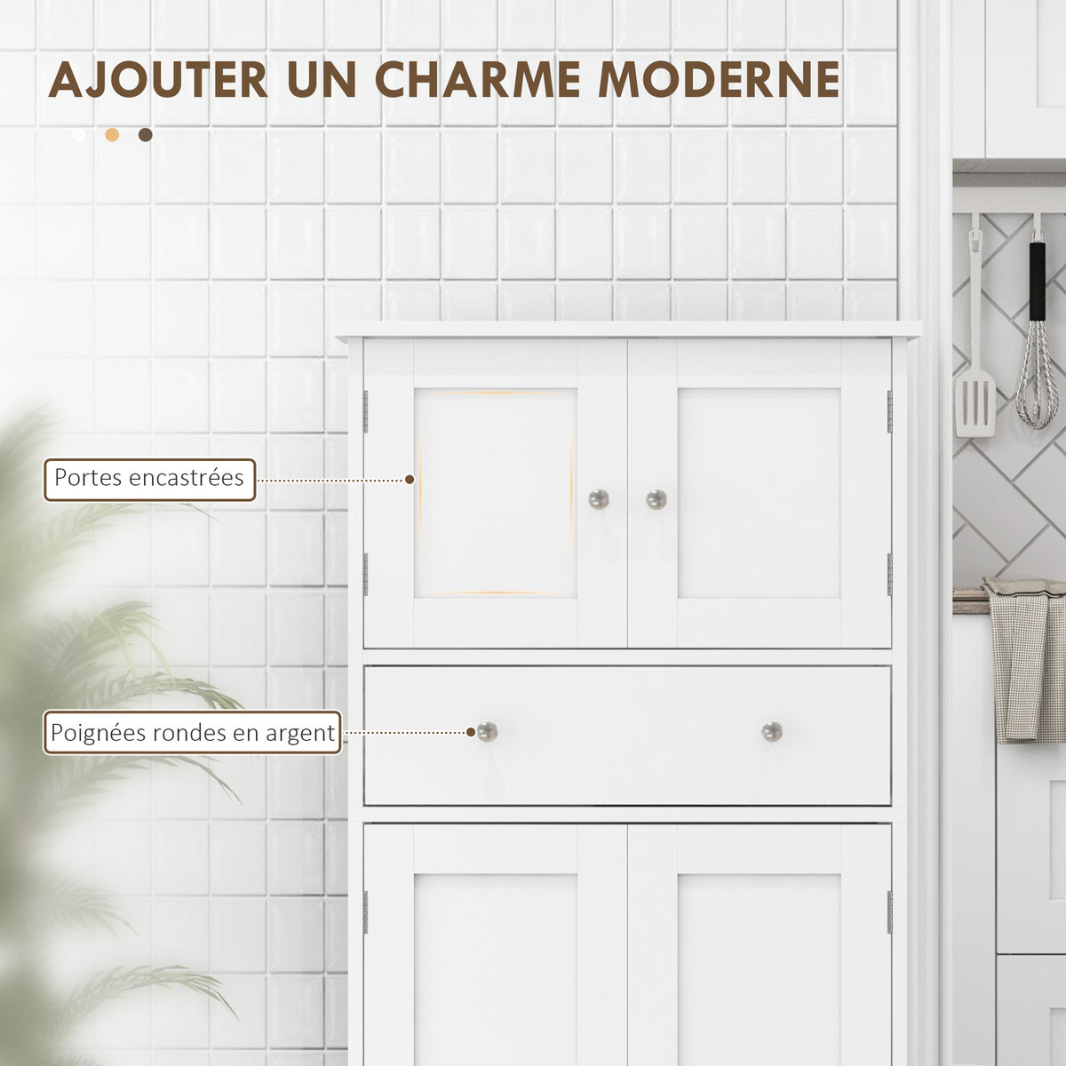 Armoire de cuisine buffet cuisine avec placards, étagères réglables, tiroir, 60 x 30 x 128 cm, blanc