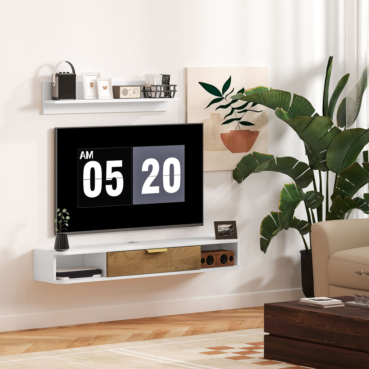 Ensemble meuble TV suspendu avec étagère murale meuble télé bois mural passe-câbles 120 x 24 x 16 cm blanc