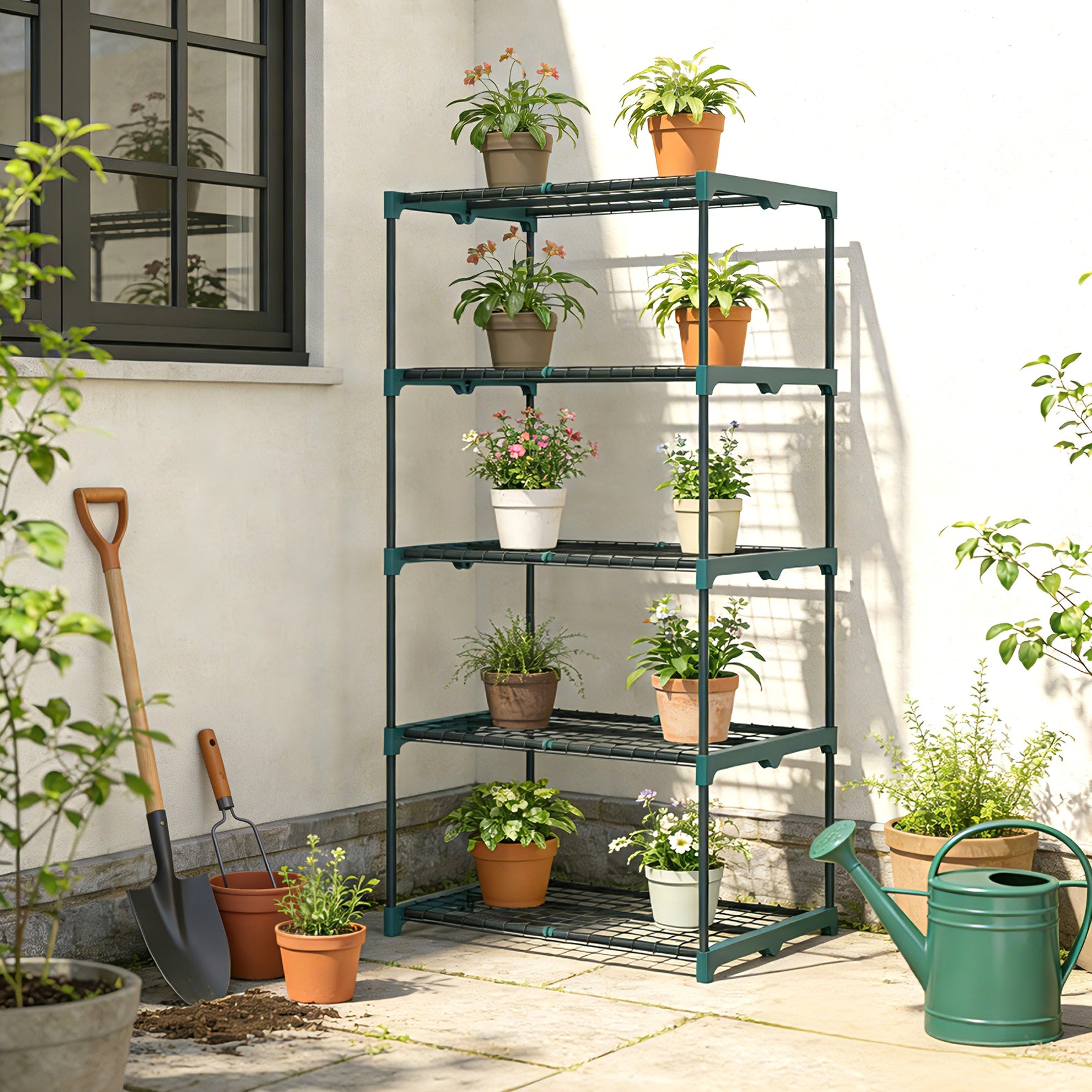 Étagère à fleurs en acier 5 niveaux intérieur et extérieur support de plantes pour jardin balcon salon 67x49x138cm vert