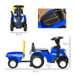 Porteur tracteur enfants avec coffre amovible, râteau et pelle, voiture enfants avec lumière LED et klaxon, bleu