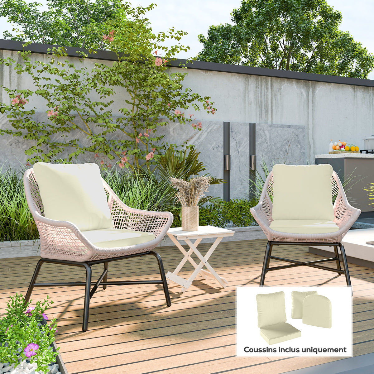 Ensemble de 2 coussins d'assise avec dossier, coussin d'assise et de dossier extérieur et intérieur, crème