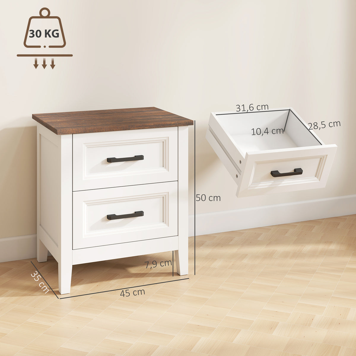 Table de chevet, table de nuit avec 2 tiroirs, plateau effet bois, style rustique, pour chambre à coucher, salon, blanc