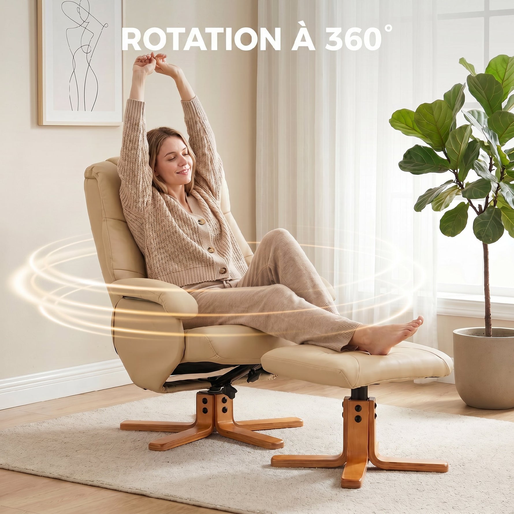 Fauteuil relax avec repose-pied fauteuil de relaxation pivotant 360° dossier inclinable charge 120 Kg beige