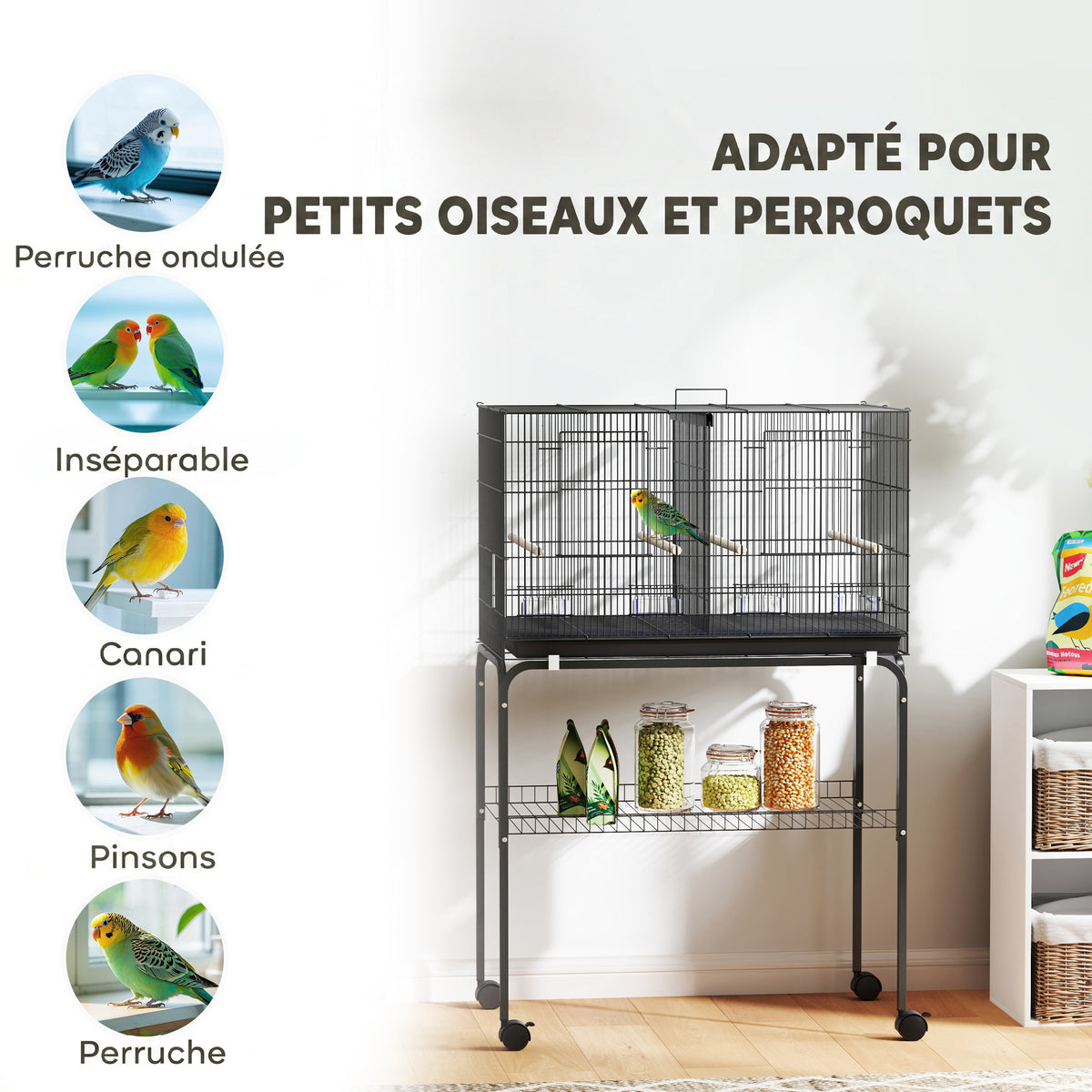 Cage à Oiseaux Volière Intérieur Acier avec Séparateur, 4 Perchoirs, Plateau Coulissant, 4 Mangeoires, 76x46x116cm, Noir