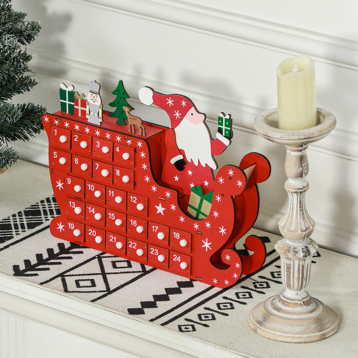 Calendrier de l'Avent à remplir en bois, décoration de Noël avec 24 tiroirs, Père Noël et traîneau, 22,5x8x36cm, rouge