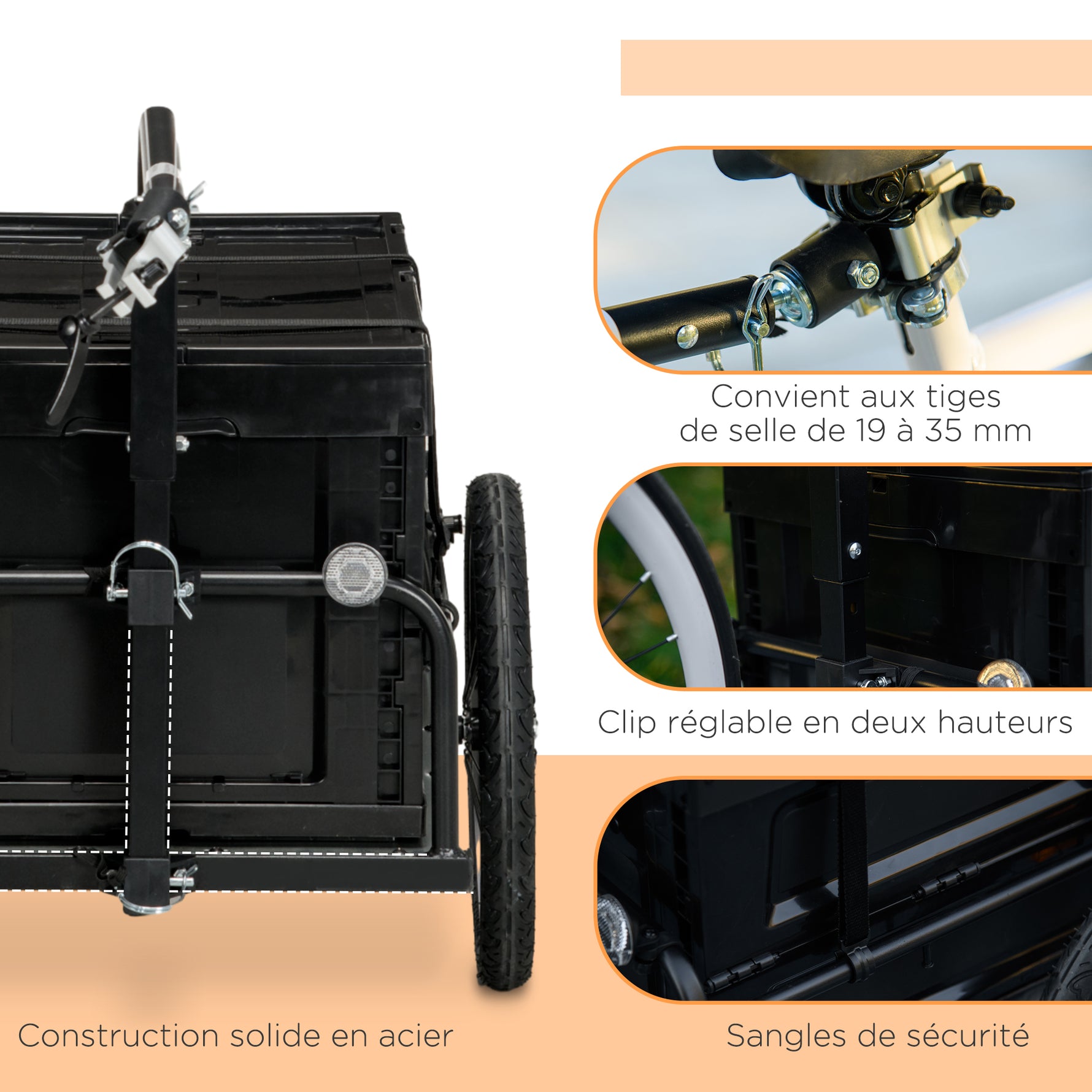 Remorque à vélo avec coffre de rangement amovible et pliable de 65L, réflecteurs de sécurité, charge max. 40KG, noir