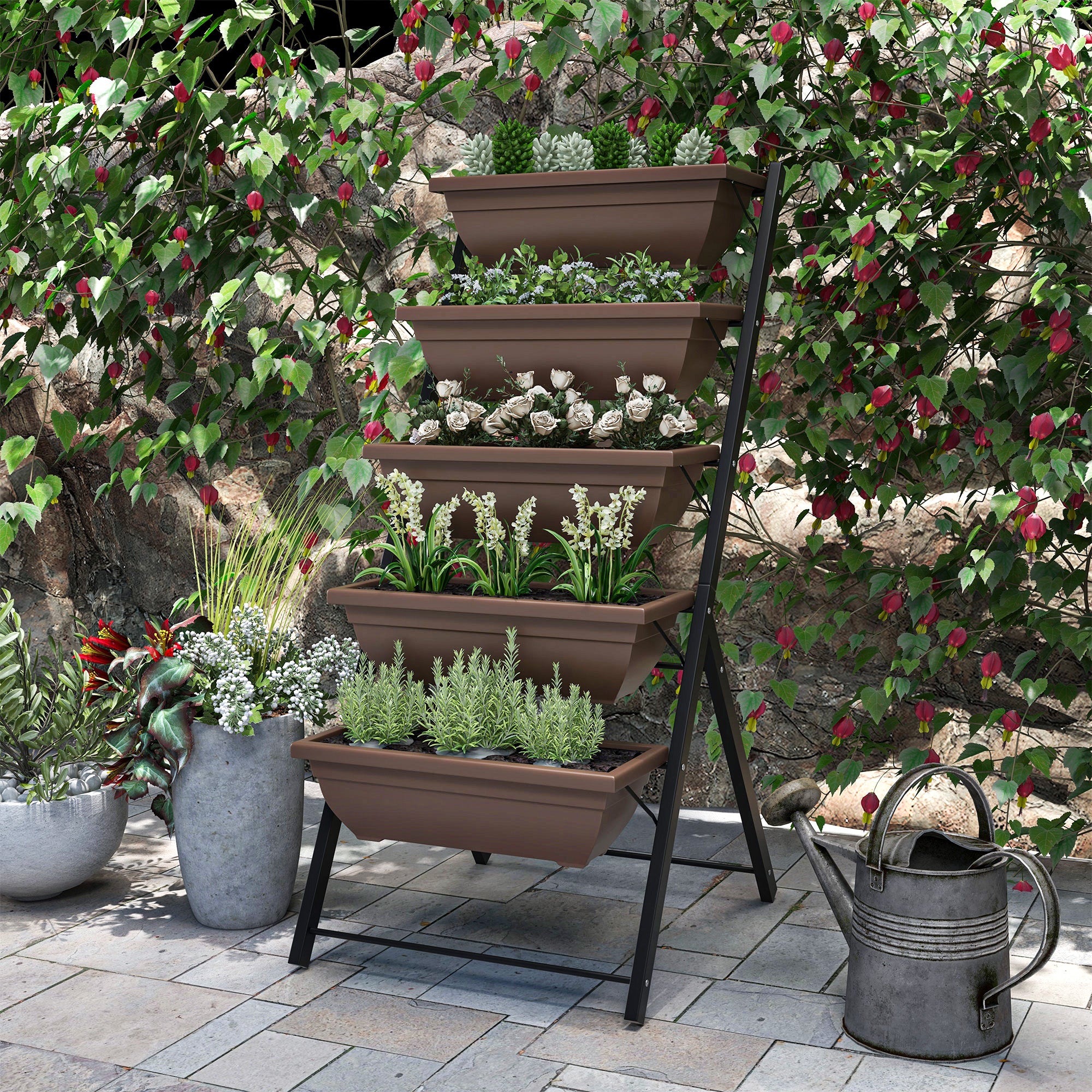 Jardinière surélevée avec étages jardinière verticale avec 5 bacs à fleurs trous de drainage cadre en acier marron