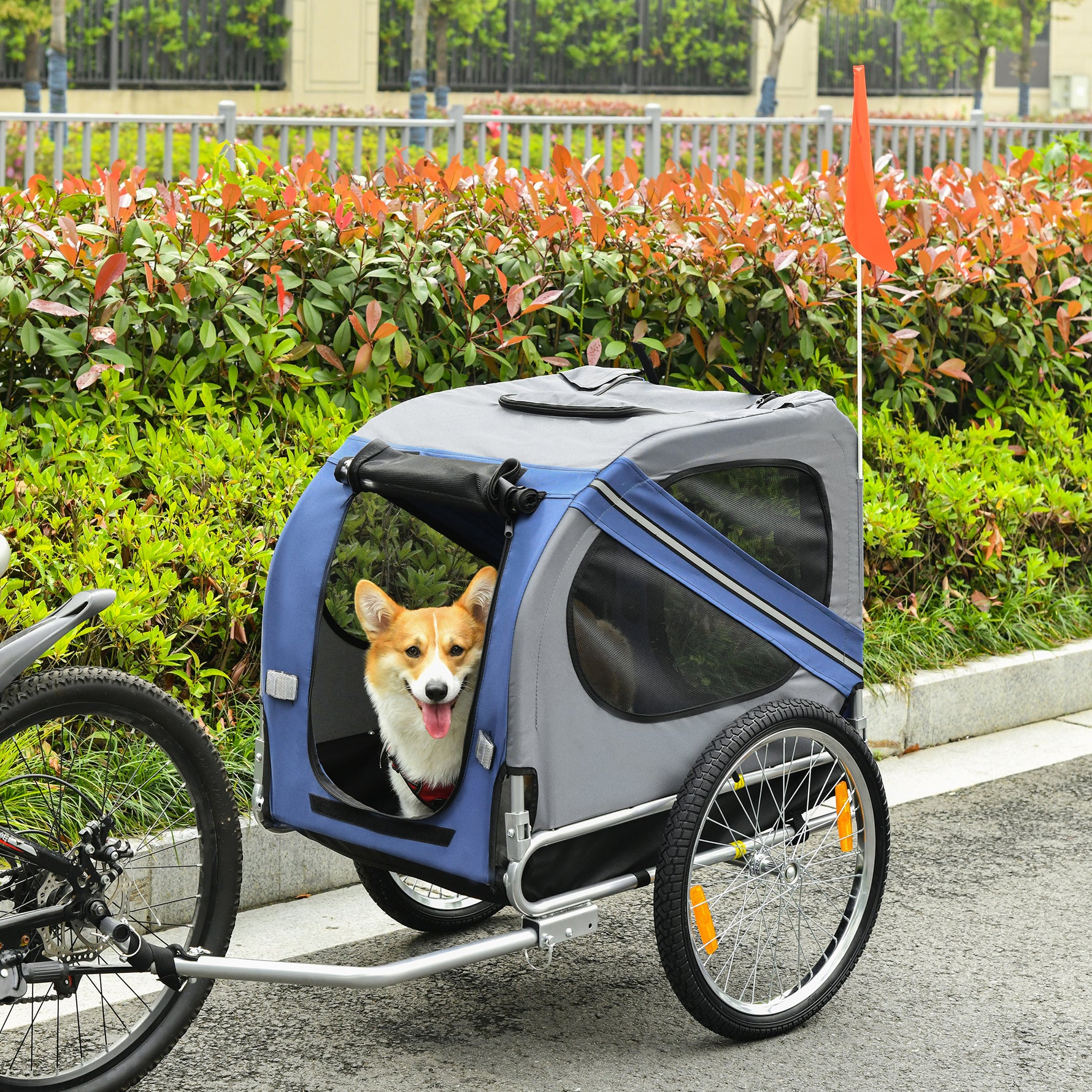 Remorque vélo pour chien animaux 8 réflecteurs drapeau barre attelage inclus acier polyester imperméable max. 30 Kg 130L x 73l x 90H cm bleu