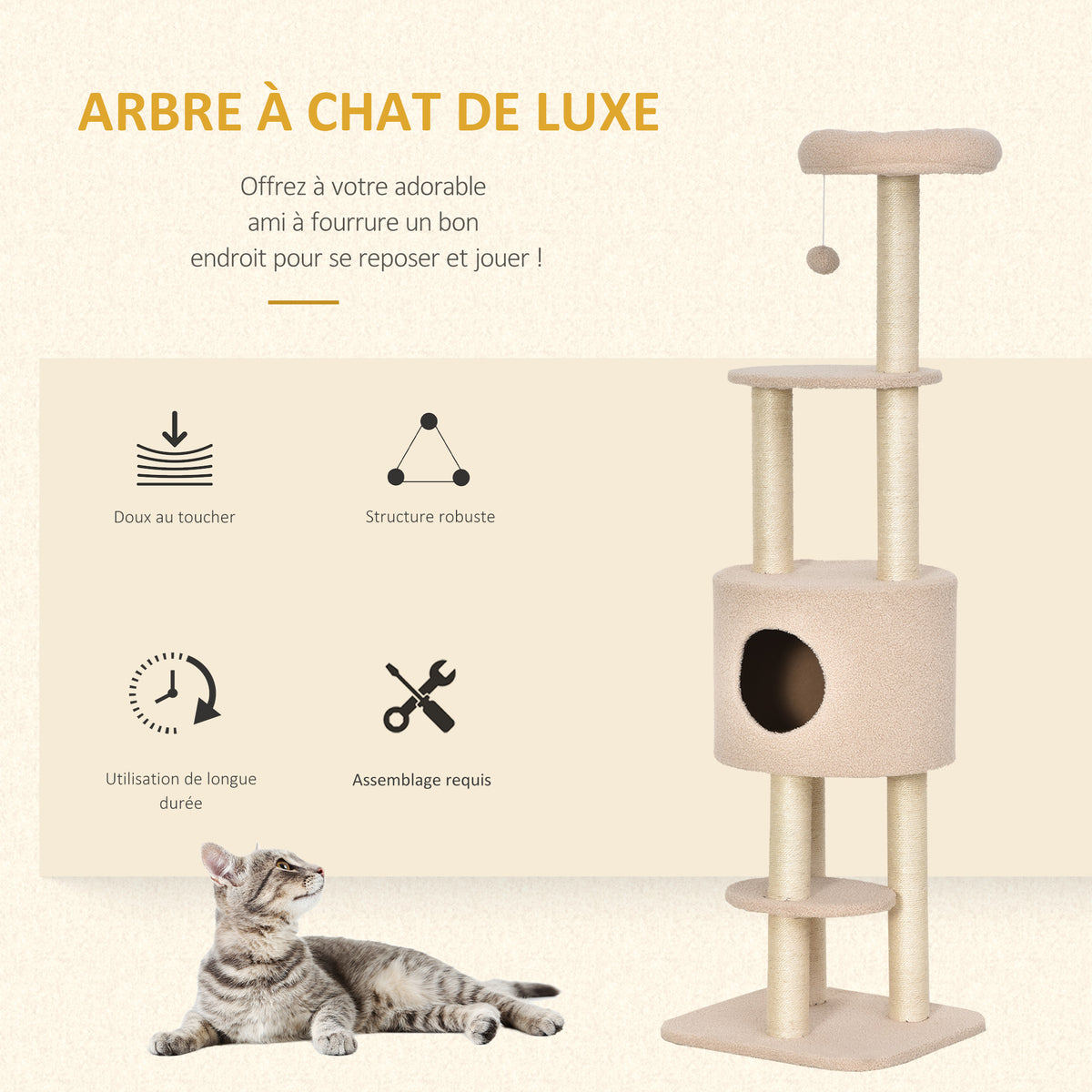 Krabpaal met krabplank, klimboom voor katten, kattenhuis en platforms, pluche met hoge dichtheid, 148 cm, beige