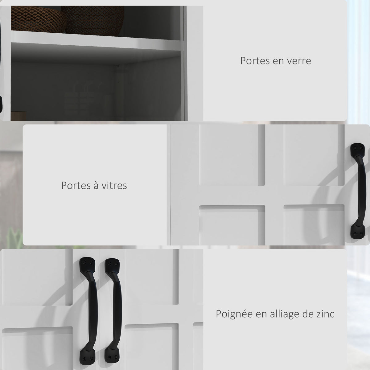 Buffet de cuisine armoire multi-rangements 2 placards, portes en verre, 4 étagères en bois blanc