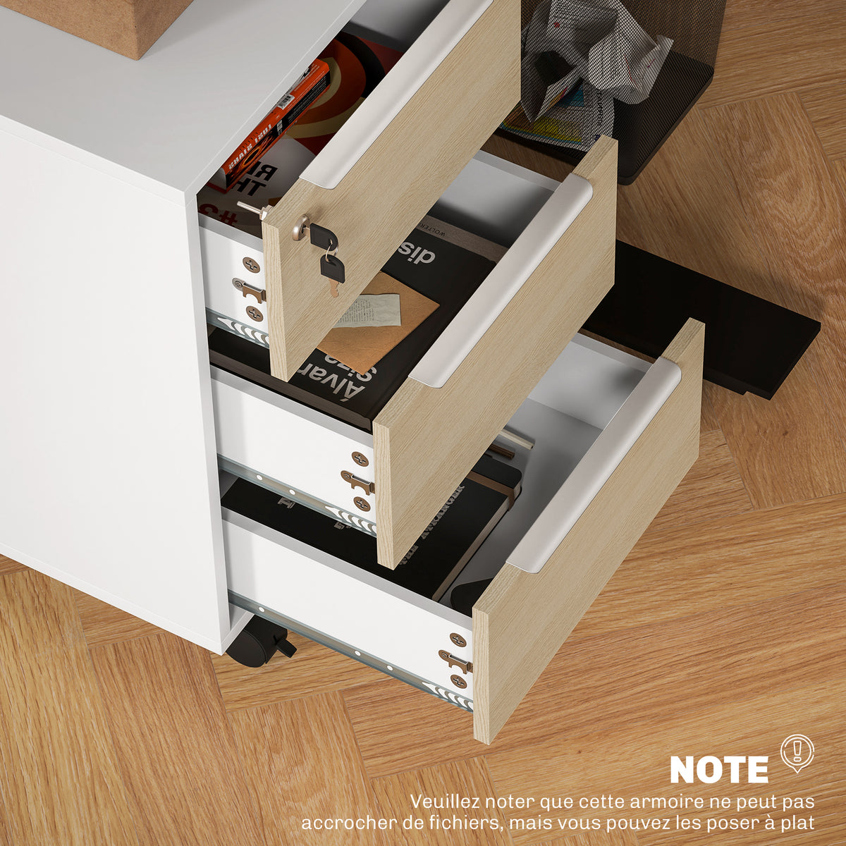 Cassettiera da ufficio con ruote a 3 cassetti e serratura, mobile contenitore da ufficio su ruote, 40 x 40 x 63,5 cm, rovere