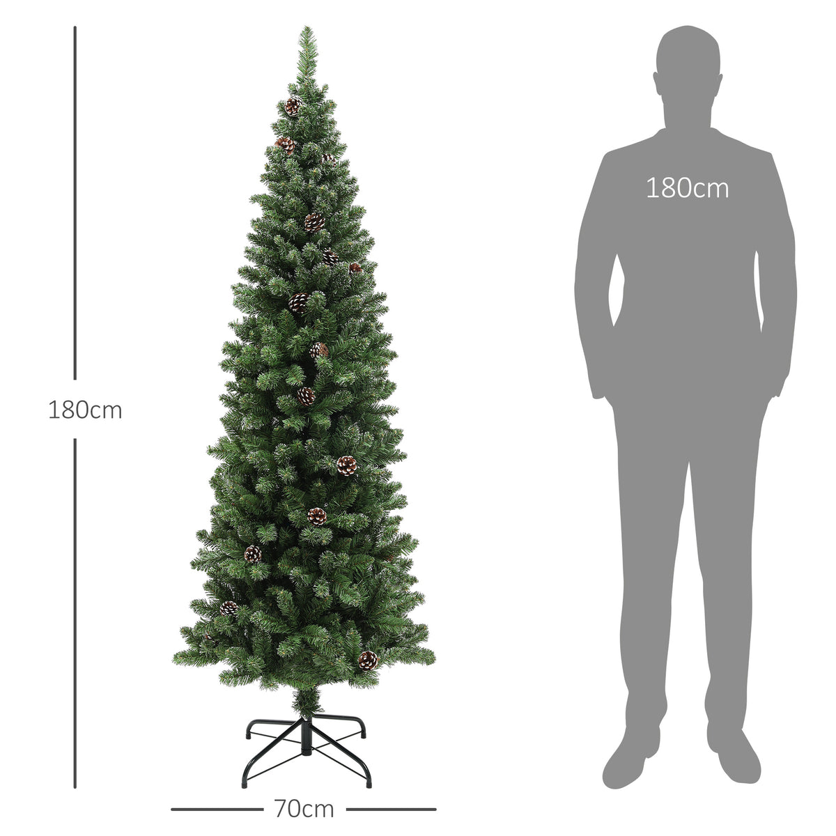 Albero di Natale artificiale 180 cm, albero di Natale slim con supporto in acciaio pieghevole, 618 rami, verde