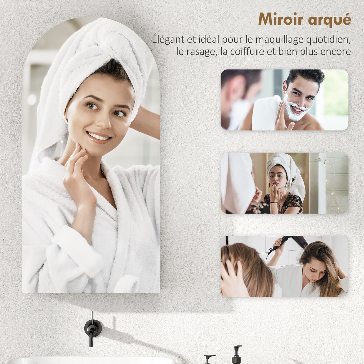 Armoire murale salle de bain avec miroir, meuble salle de bain sans cadre en arche et étagères en verre réglables, blanc