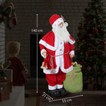 Figurine de Père Noël, Debout de Père Noël Rouge Traditionnelle 140 cm avec Sac de Cadeaux, Effets Sonores et Cloche