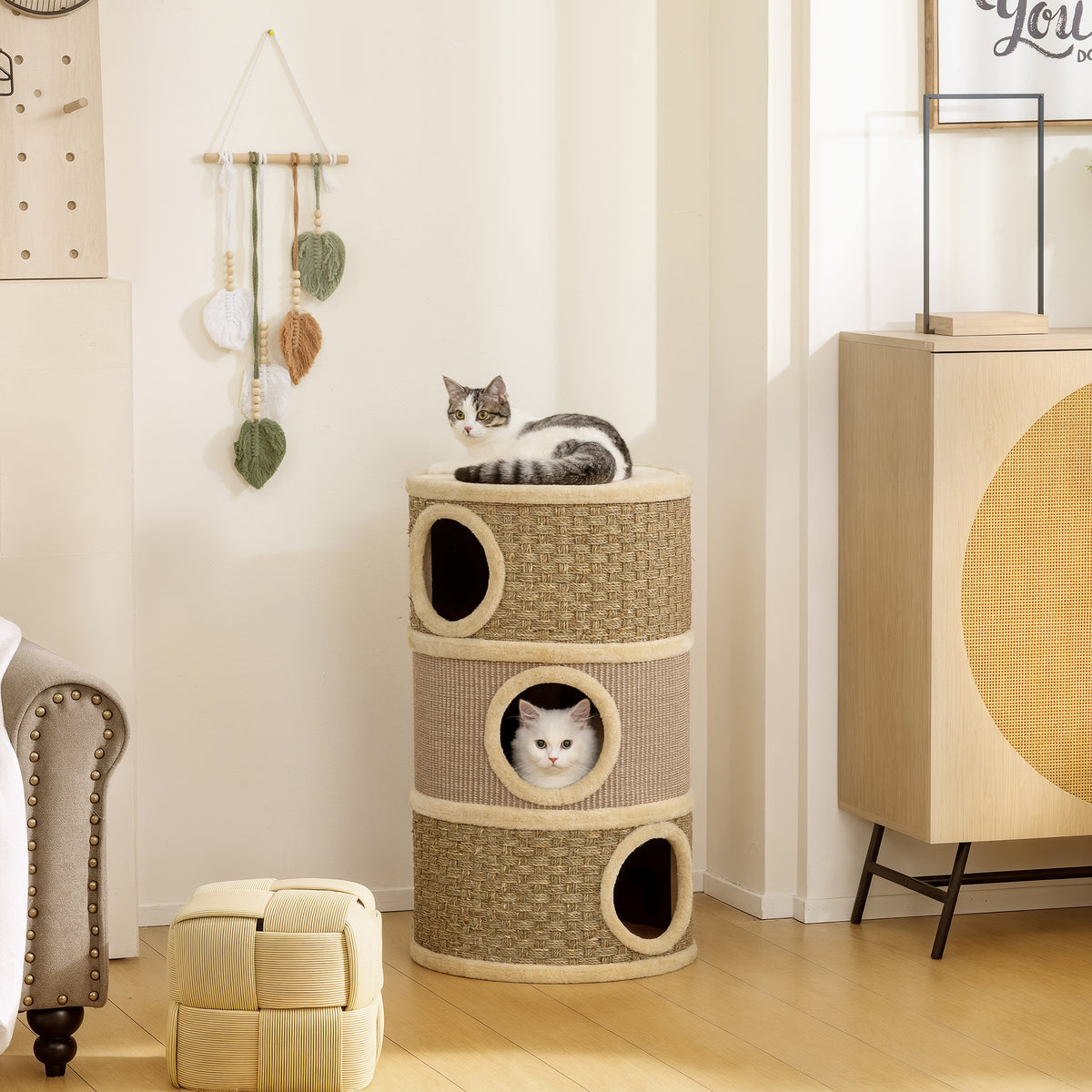 Krabton voor katten Krabpaal van natuurlijk sisal en zeegras bedekt met pluche 45 x 45 x 79 cm Kaki Bruin