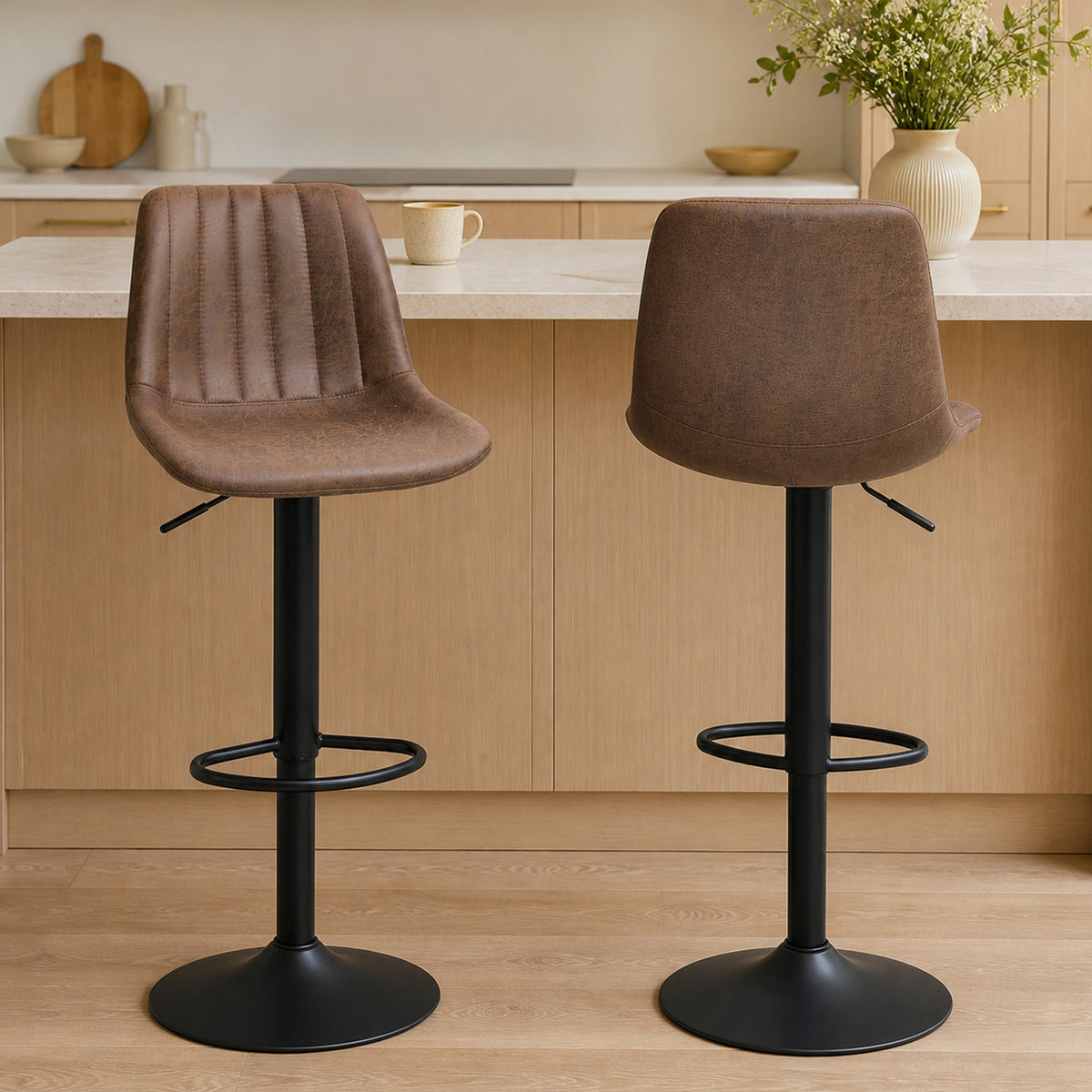 Lot de 2 tabourets de bar style vintage hauteur réglable pivotant avec repose-pied marron