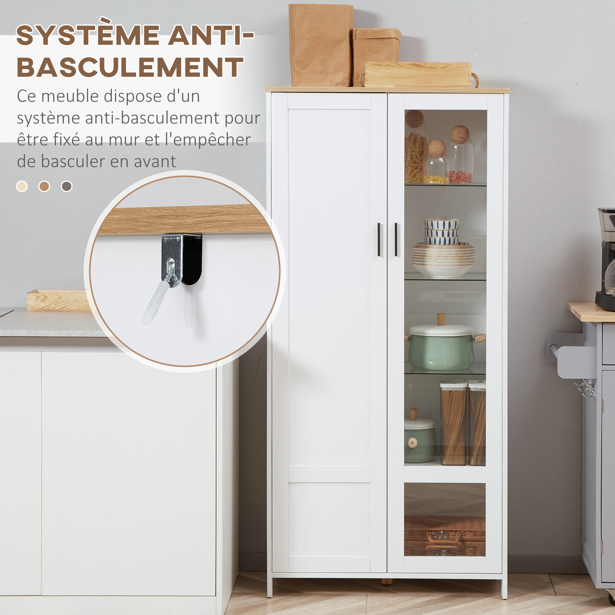 Buffet de cuisine armoire de cuisine meuble vitrine 7 étagères dont 3 étagères en verre 76 x 36 x 160 cm blanc