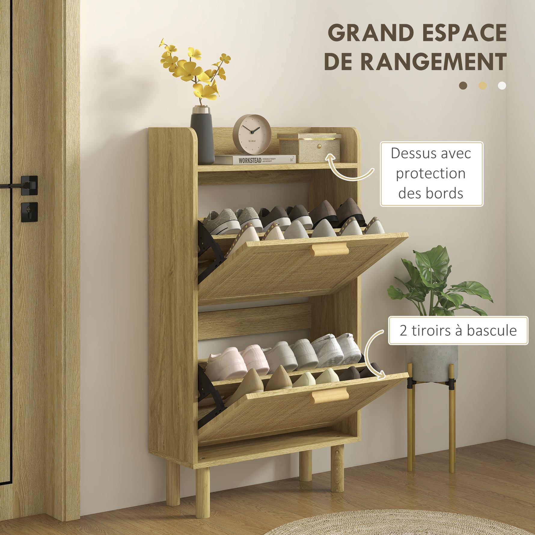 Meuble à chaussures 2 portes abattants étagère effet rotin tissé design bohème - dim. 80L x 24,5l x 110H cm