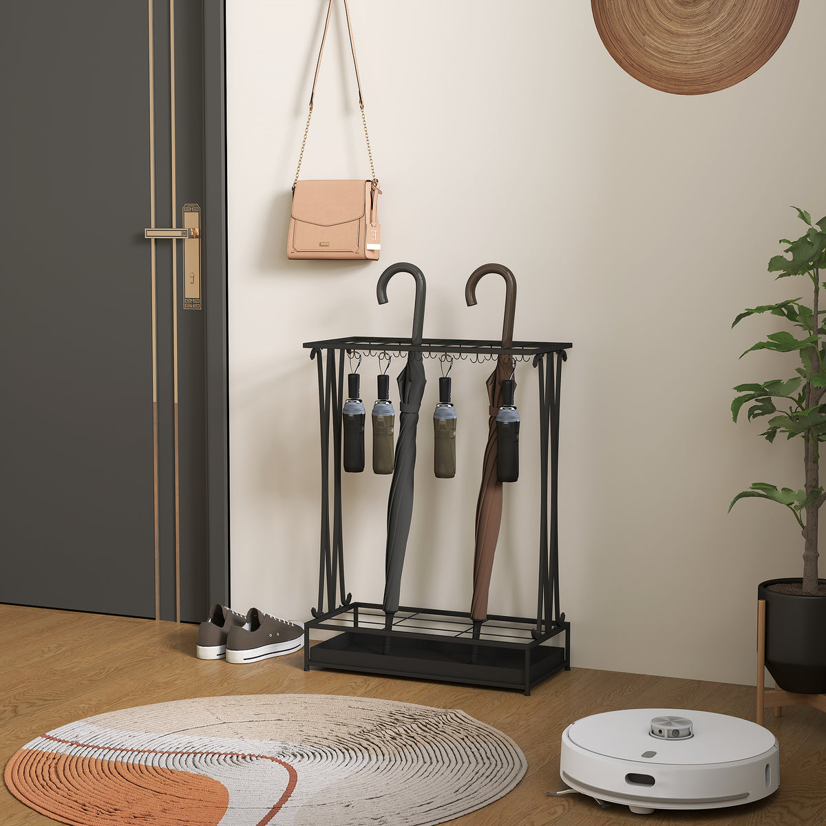 Steel Umbrella Stand with 21 Slots, 24 Hooks, Removable Drip Tray and Shelf, 50x24x68cm, Black