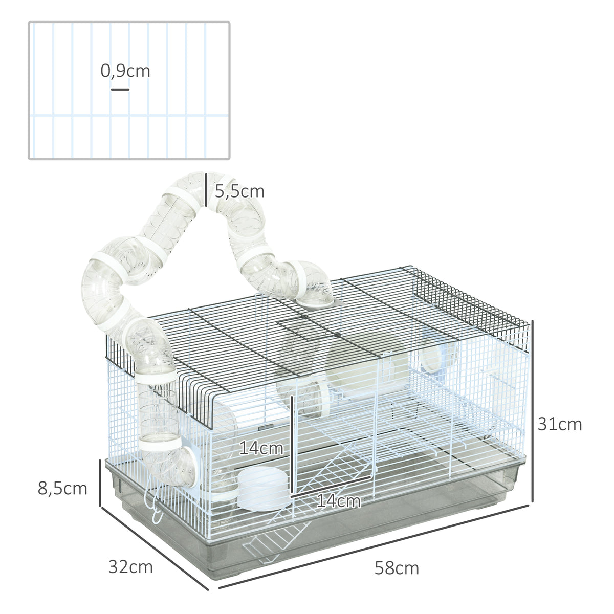 Cage hamster cage rongeur avec tunnel et accessoires inclus fil d'acier 58 x 32 x 31 cm gris
