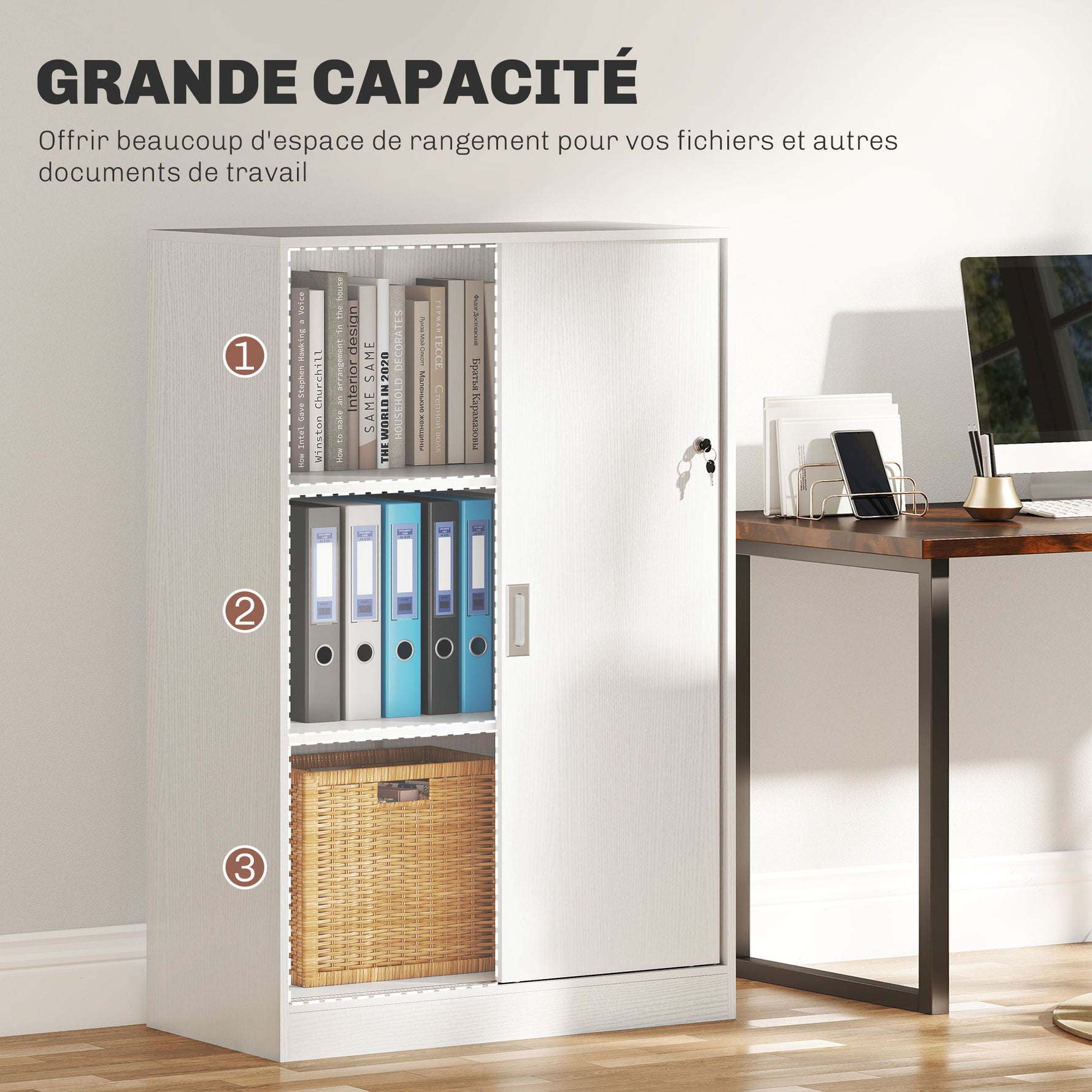Armoire de Bureau 2 Portes coulissantes verrouillables dim. 80L x 40l x 120H cm 2 étagères en Bois Blanc