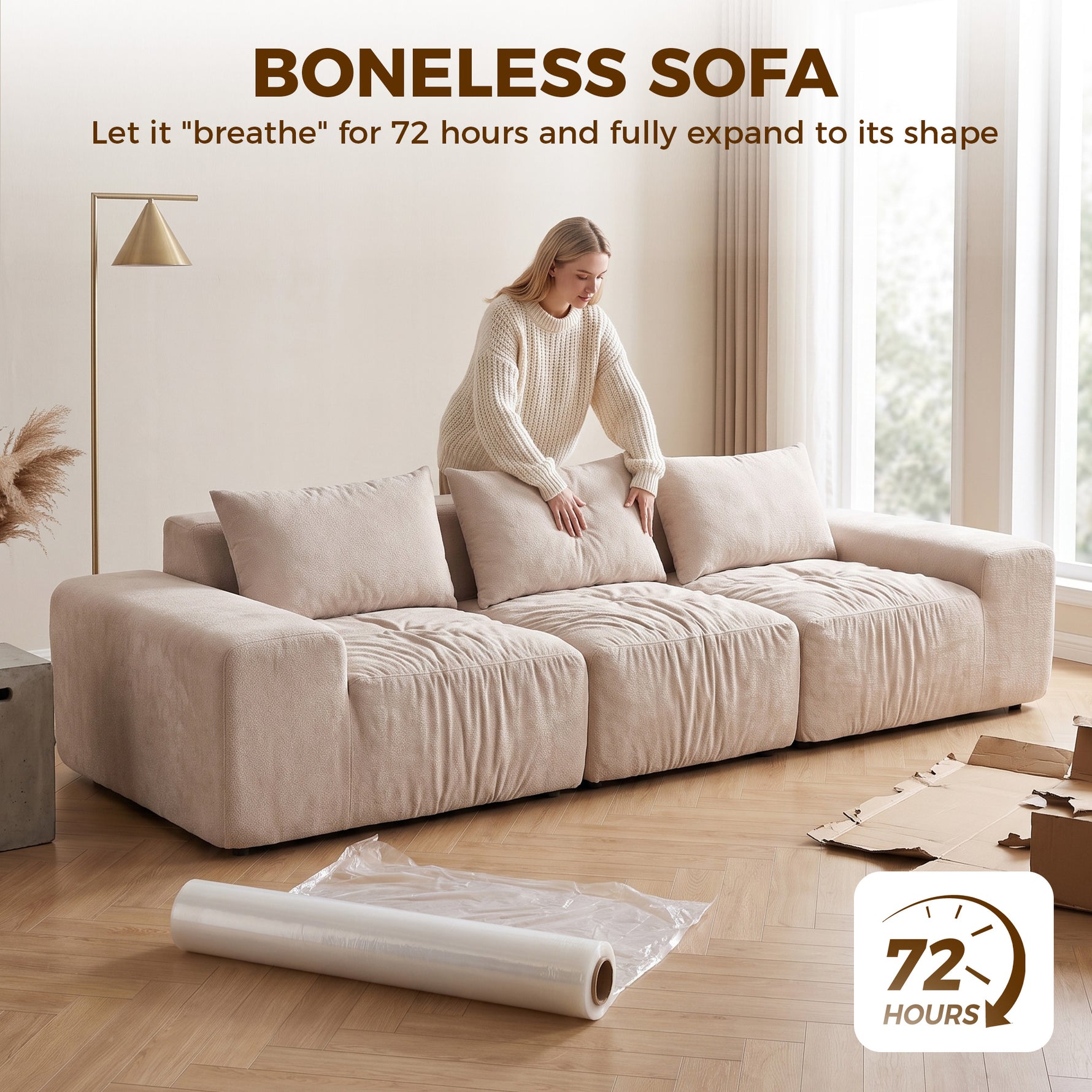 Canapé 3 Places en Chenille 320 cm, Canapé Modulaire, Assise et Accoudoirs Extra-Larges, Entièrement Compressé, Beige