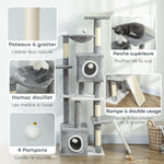 Arbre à chat tour de jeux pour chats centre d'activités 2 niches plateformes hamac échelle et 4 pompons 165 cm gris