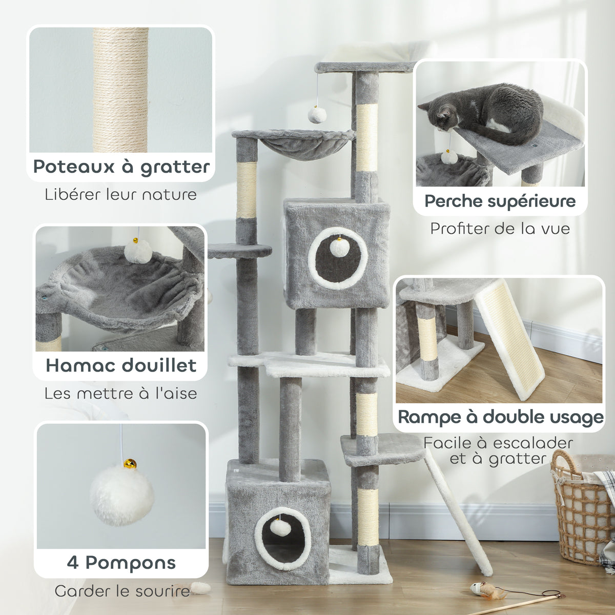 Arbre à chat tour de jeux pour chats centre d'activités 2 niches plateformes hamac échelle et 4 pompons 165 cm gris