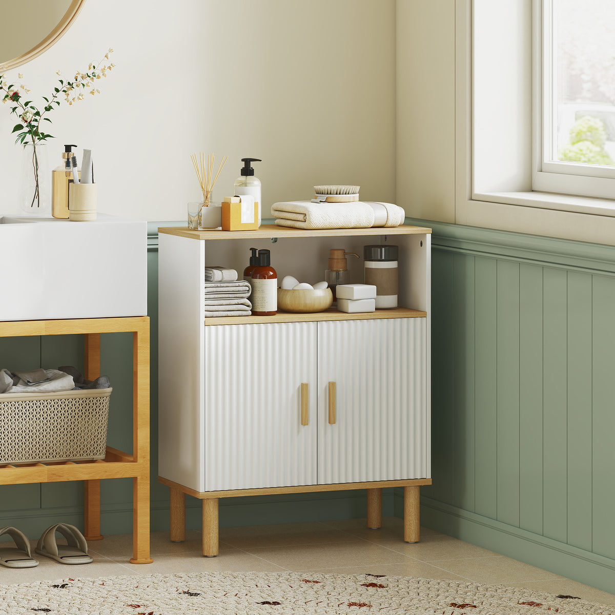 Mueble de baño, mueble de almacenaje con 2 puertas, compartimento abierto, estante ajustable, 60x29,5x76,5 cm, blanco