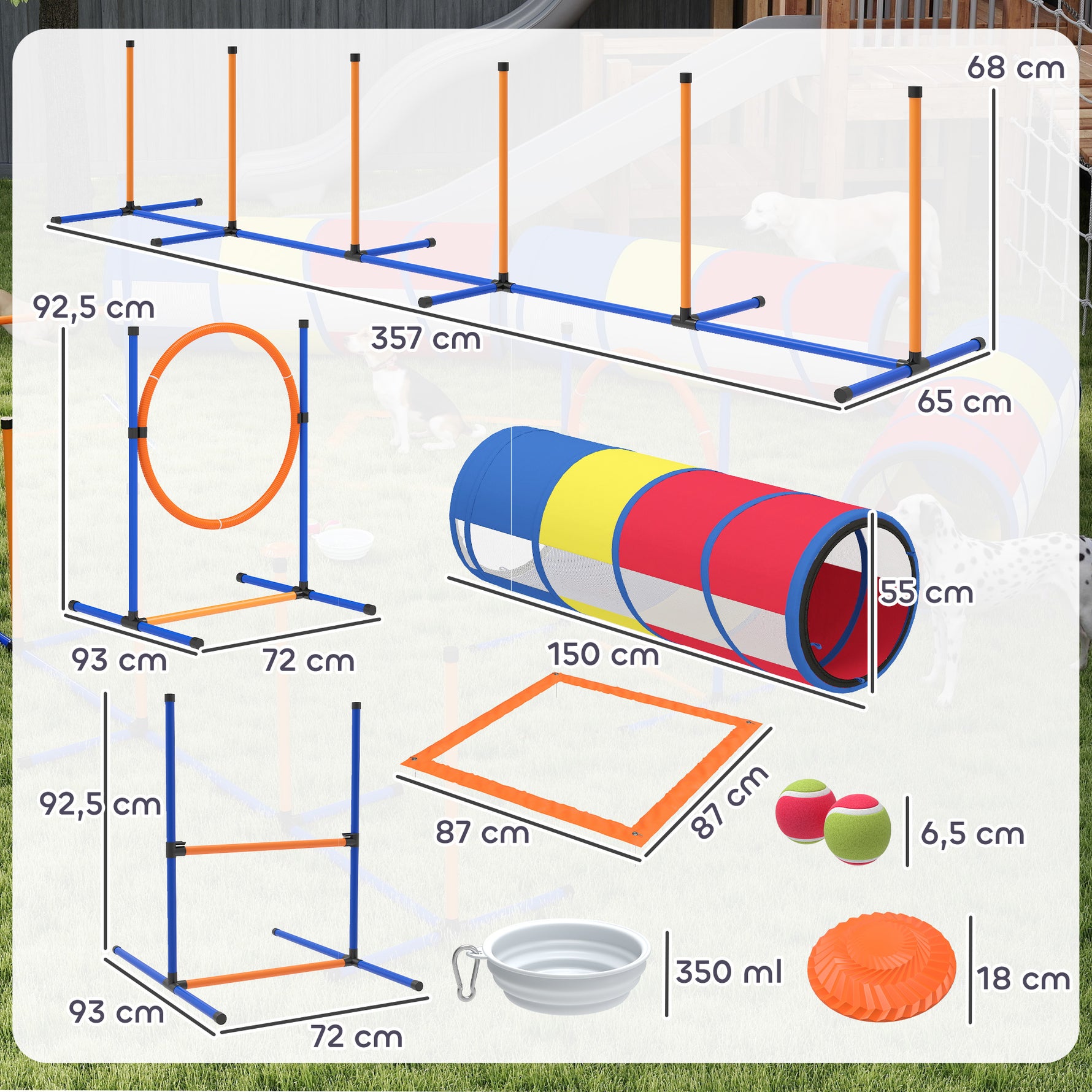 Équipement d'Agilité pour Chien 12 Pièces, 4 Tunnels, Sauts Ajustables, Anneau, Slaloms, 357x65x68cm, Multicolore