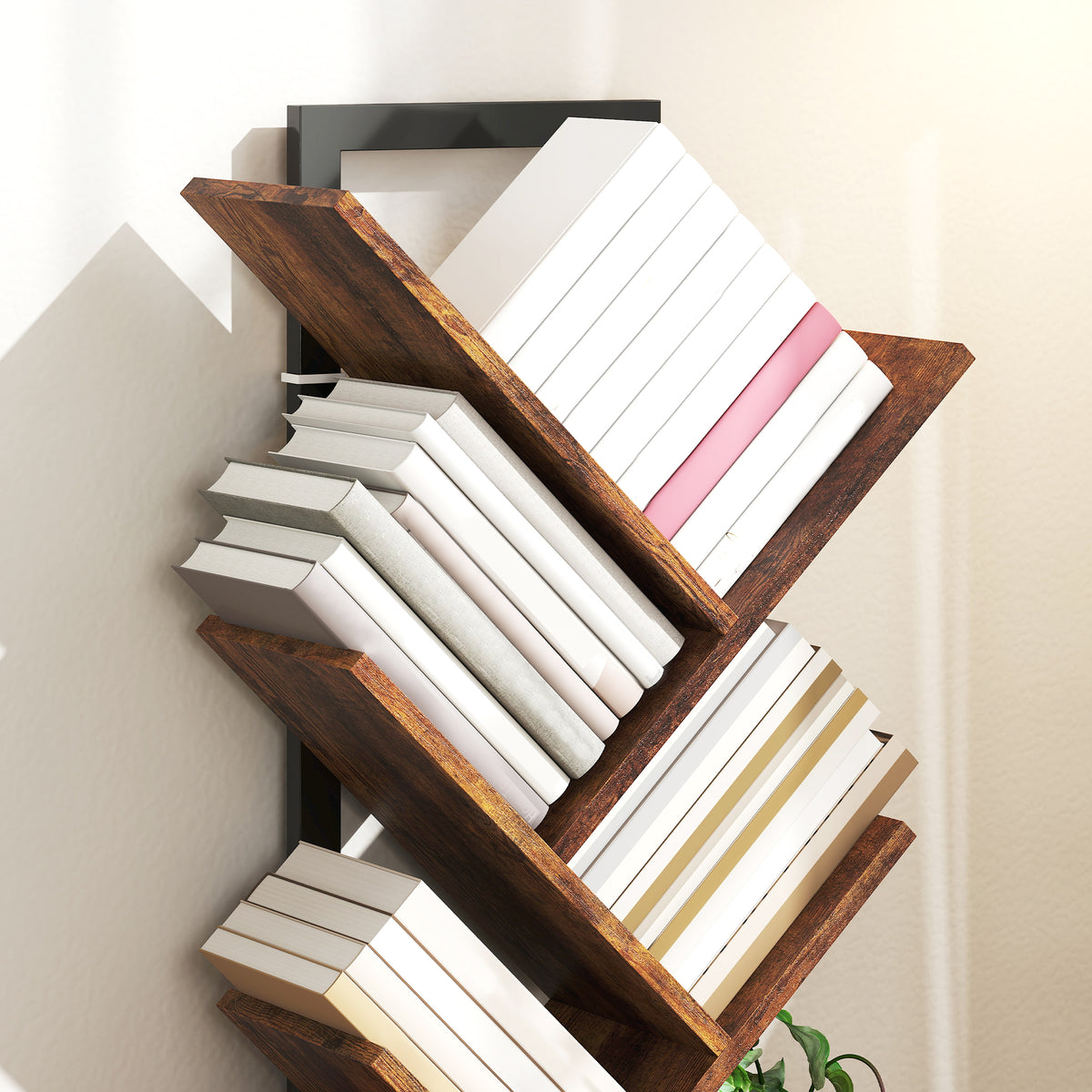 Bibliothèque Arbre à 9 Niveaux, Meuble de Rangement Industriel avec Cadre en Acier, 50x24x136cm, Brun Rustique