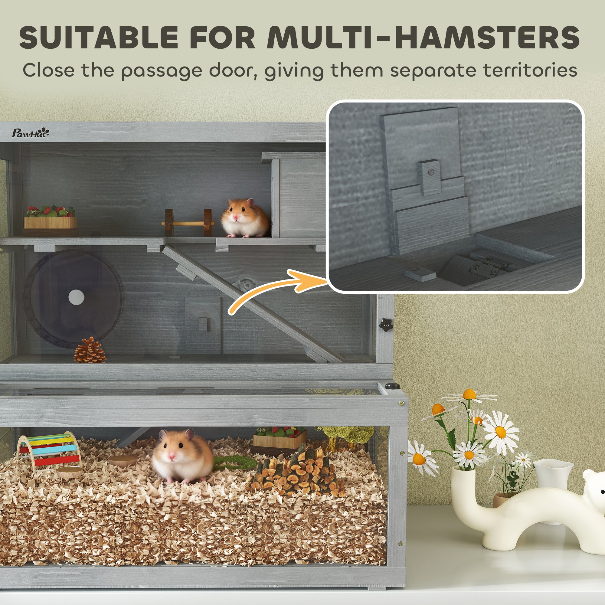 Cage Hamster en Bois, 3 Niveaux avec Cabane, Roue, Rampes, Panneau Transparent, Espaces Séparés, 80x50x84cm, Gris