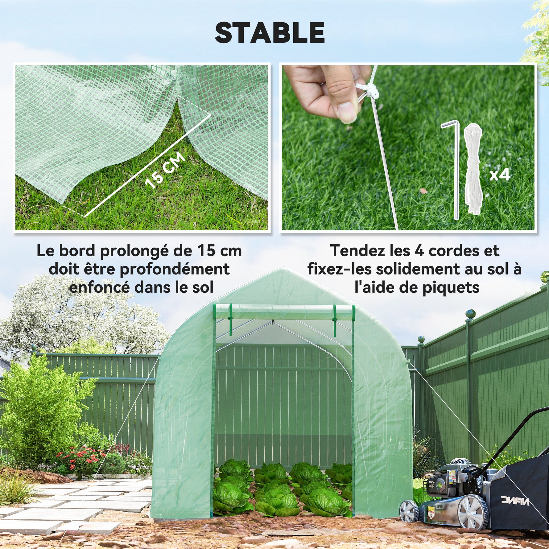Serre tunnel de jardin 8m², serre de jardin tunnel avec 1 porte et 6 fenêtres, bâche PE 140g/m² 400x200x200cm vert