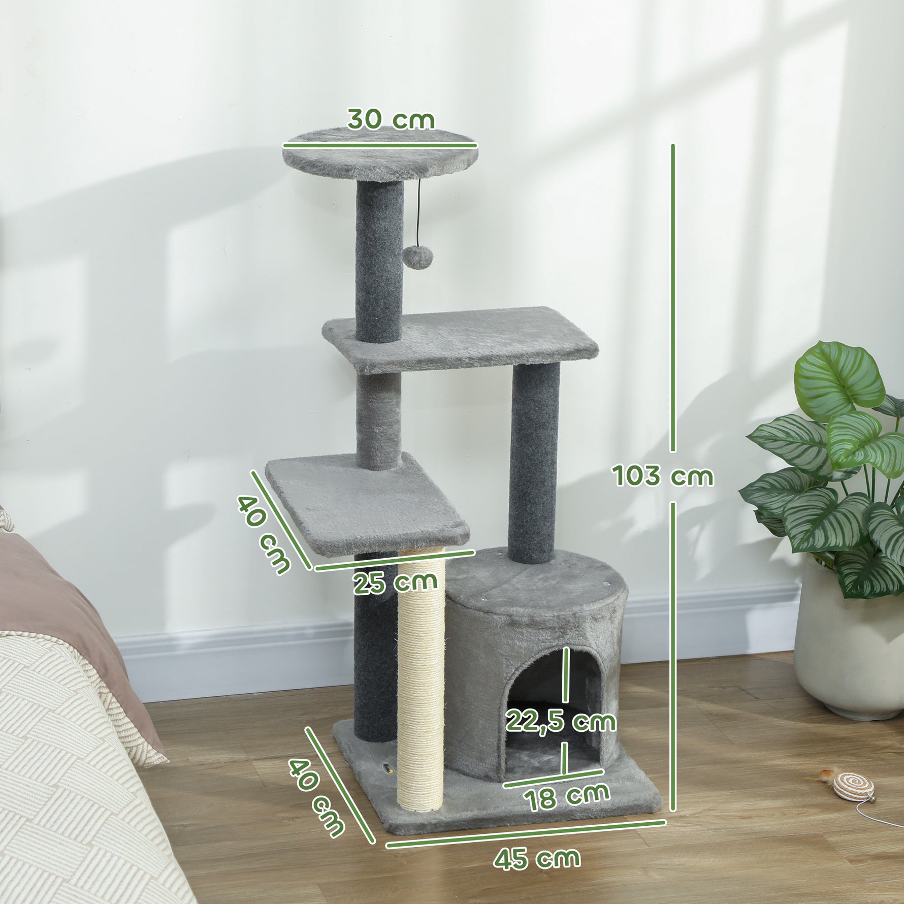 Arbre à Chat Hauteur 103 cm, Platesformes, Niche en Peluche, Balle en Peluche, Poteaux en Sisal, Base Renforcé, Gris