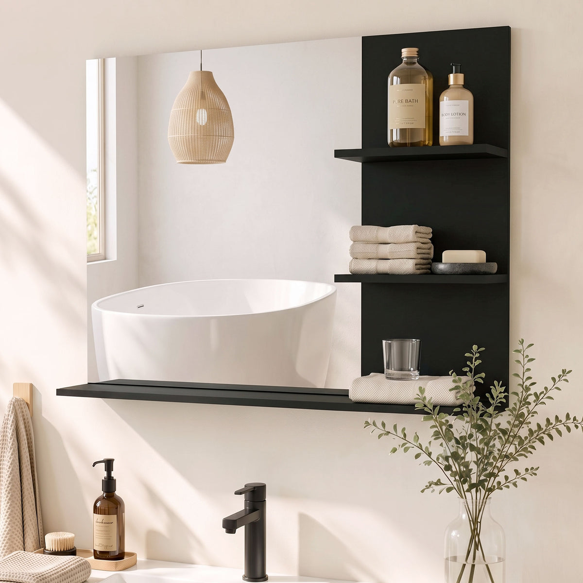 Badezimmerspiegel mit 3 Ablagen 60 x 48 cm, Moderner Wandspiegel für Schlafzimmer, Büro, Schwarz