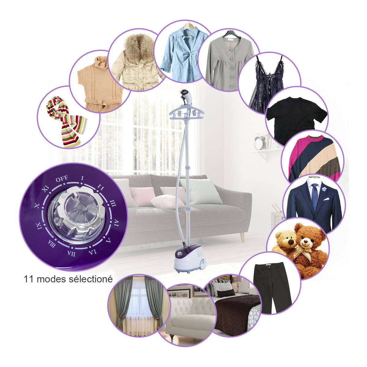 Défroisseur Vapeur Vertical Défroisseur à Vêtements 1,8 L 1800 W, Débit Vapeur 30g/min, Tige Télescopique, Blanc Violet