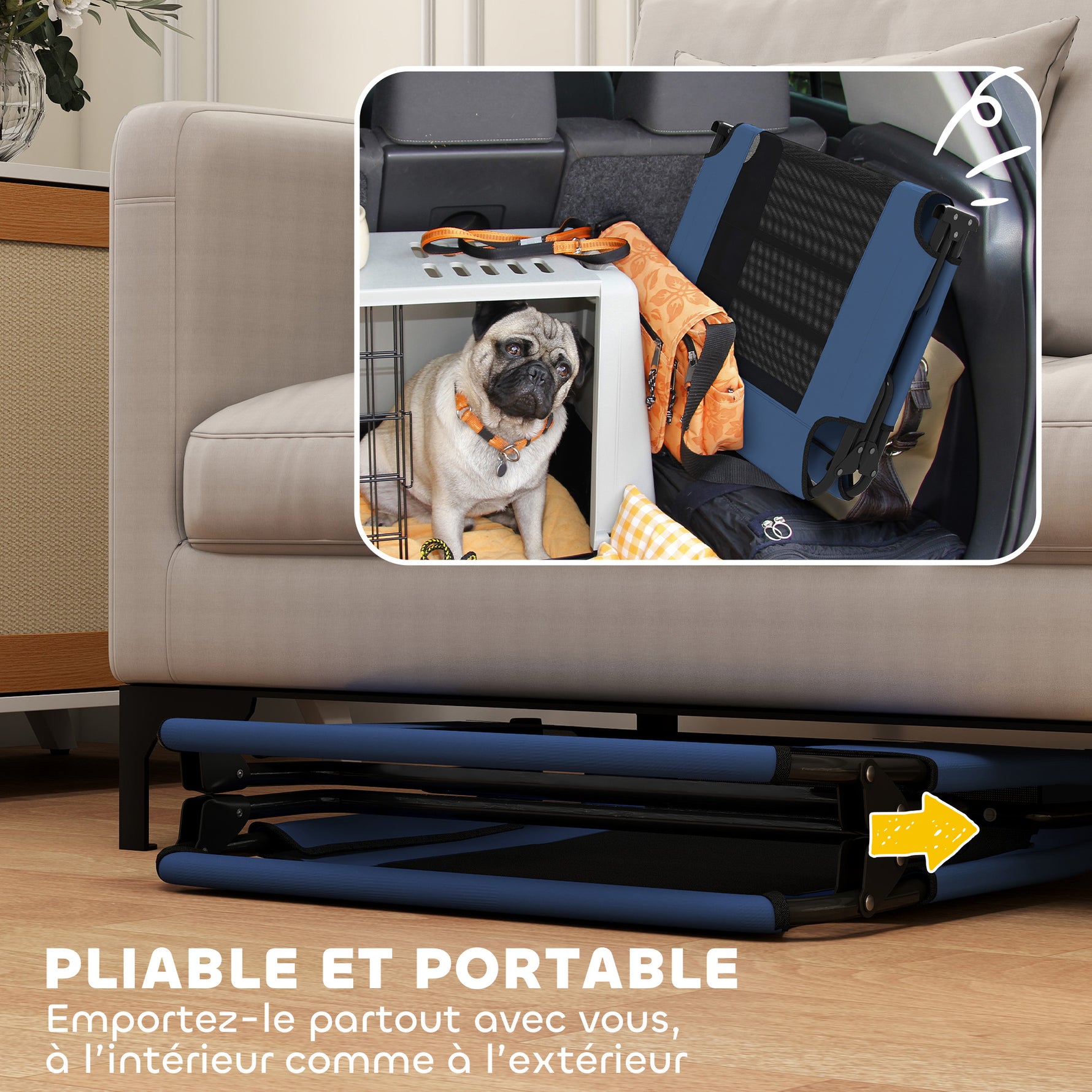 Lit surélevé pour chiens pliable rafraîchissant, lit de camp pour animaux en maille respirante 107x61x20cm bleu foncé