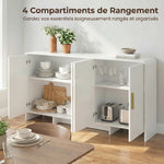 Buffet cuisine, meuble de rangement avec 4 portes à fermeture douce, 4 compartiments et bords arrondis, 152x40x80cm, blanc