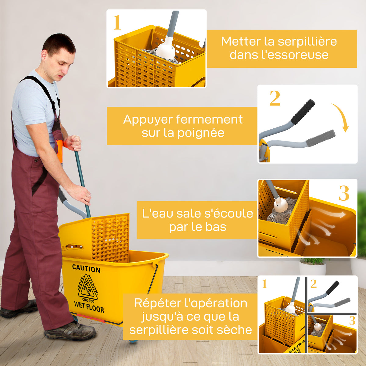 Chariot de ménage chariot de lavage essoreuse latérale seau 20 L, poignée et serpillère, 45 x 26,5 x 70 cm, jaune