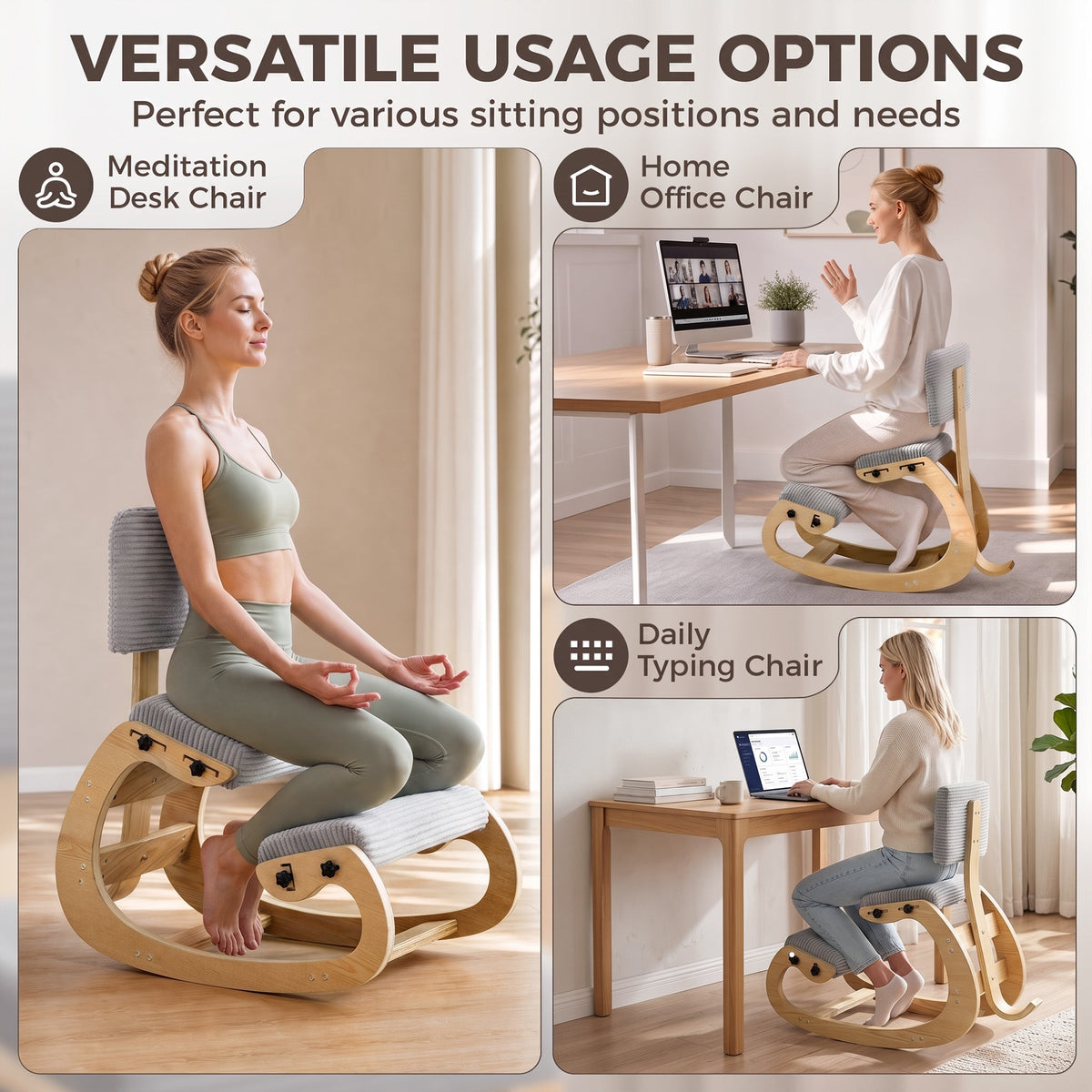 Ergonomic Kneeling Chair with Backrest, Corduroy Padded Rocking Kneeling Stool, Light Grey