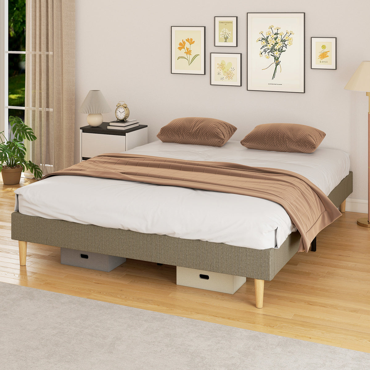 Estructura de cama de 160 x 200 cm con somier de láminas de madera, cama doble tapizada en pana, gris