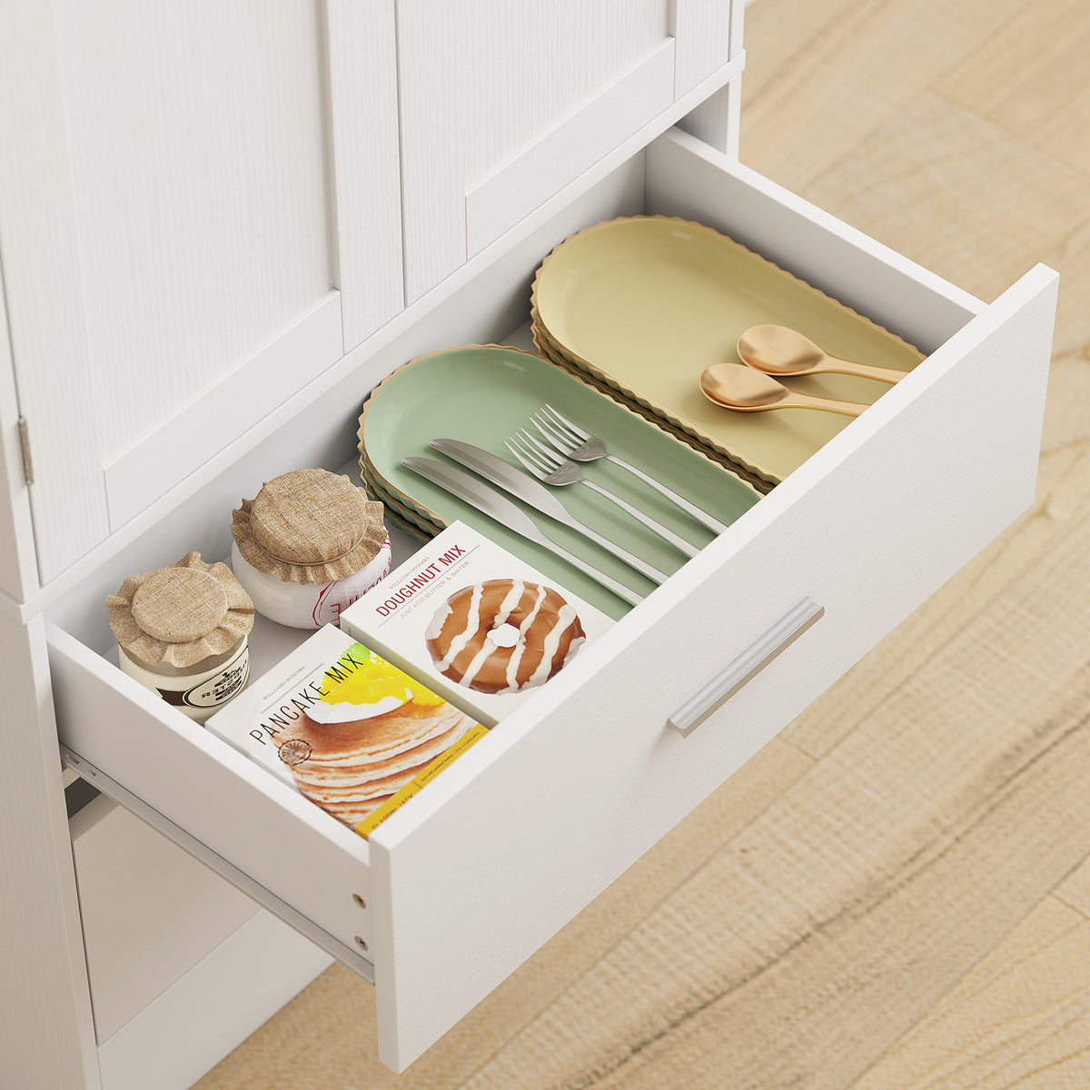 Buffet haut cuisine, armoire de cuisine, 2 portes, 8 porte-épices, 2 tiroirs, étagères réglables, 60x40x159cm, blanc
